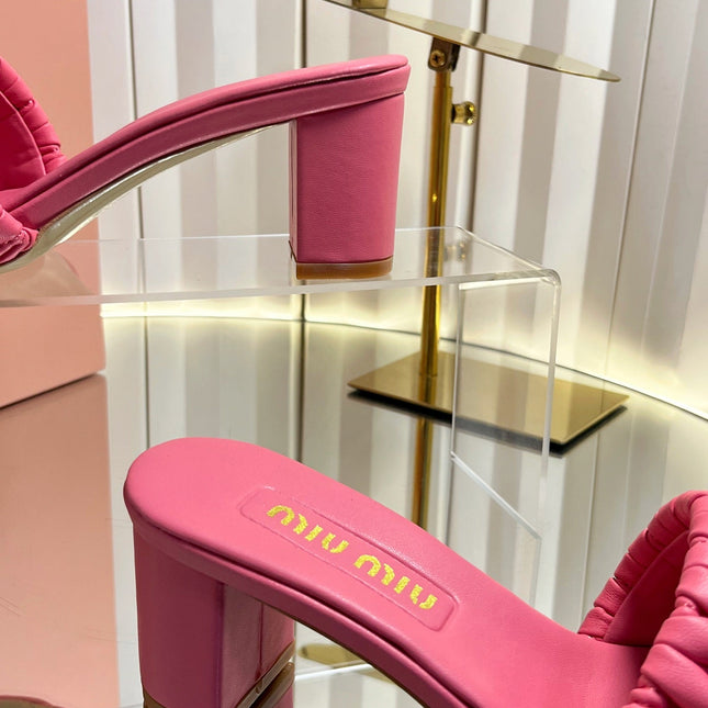 MIUMIU 26S PADDED MATELASSE MULE HEELS 65MM IN PINK CALFSKIN GOLD HARDWARE