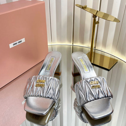 MIUMIU 26S PADDED MATELASSE MULE HEELS 65MM IN SILVER CALFSKIN GOLD HARDWARE
