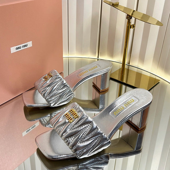 MIUMIU 26S PADDED MATELASSE MULE HEELS 65MM IN SILVER CALFSKIN GOLD HARDWARE