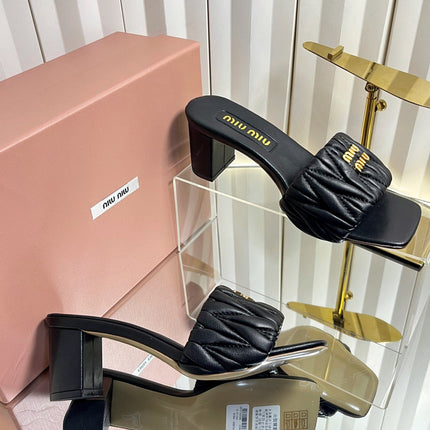 MIUMIU 26S PADDED MATELASSE MULE HEELS 65MM IN BLACK CALFSKIN GOLD HARDWARE