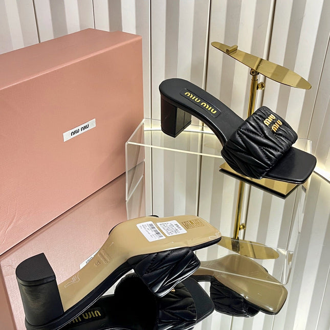 MIUMIU 26S PADDED MATELASSE MULE HEELS 65MM IN BLACK CALFSKIN GOLD HARDWARE