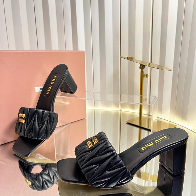 MIUMIU 26S PADDED MATELASSE MULE HEELS 65MM IN BLACK CALFSKIN GOLD HARDWARE