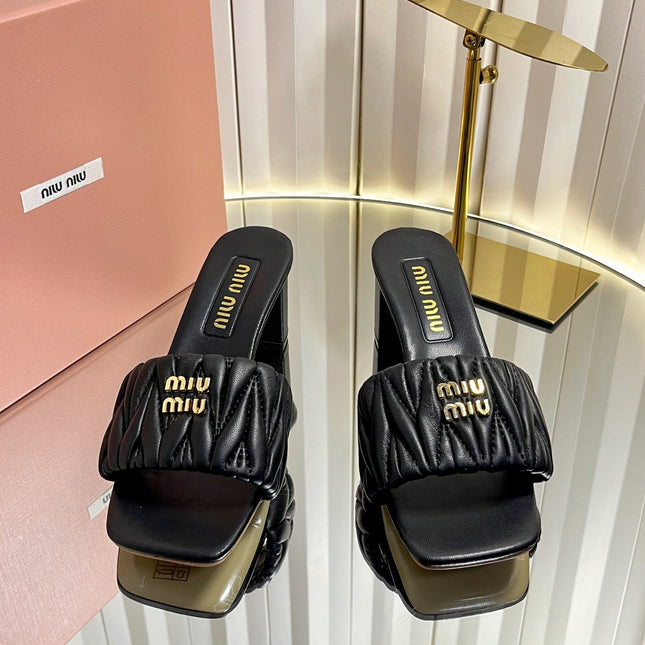 MIUMIU 26S PADDED MATELASSE MULE HEELS 65MM IN BLACK CALFSKIN GOLD HARDWARE