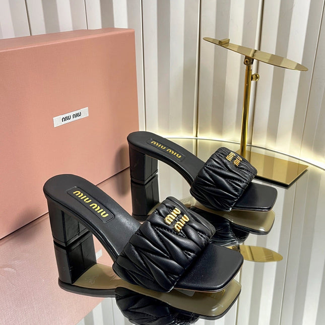 MIUMIU 26S PADDED MATELASSE MULE HEELS 65MM IN BLACK CALFSKIN GOLD HARDWARE