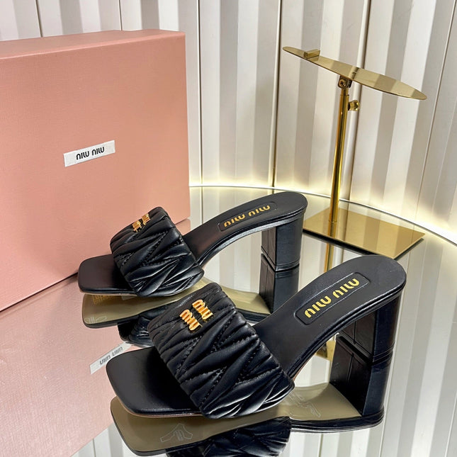 MIUMIU 26S PADDED MATELASSE MULE HEELS 65MM IN BLACK CALFSKIN GOLD HARDWARE
