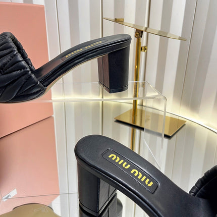 MIUMIU 26S PADDED MATELASSE MULE HEELS 65MM IN BLACK CALFSKIN GOLD HARDWARE