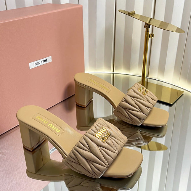 MIUMIU 26S PADDED MATELASSE MULE HEELS 65MM IN BEIGE CALFSKIN GOLD HARDWARE