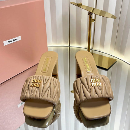 MIUMIU 26S PADDED MATELASSE MULE HEELS 65MM IN BEIGE CALFSKIN GOLD HARDWARE