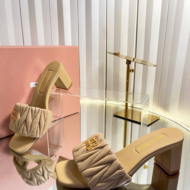 MIUMIU 26S PADDED MATELASSE MULE HEELS 65MM IN BEIGE CALFSKIN GOLD HARDWARE