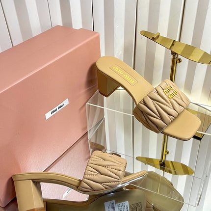 MIUMIU 26S PADDED MATELASSE MULE HEELS 65MM IN BEIGE CALFSKIN GOLD HARDWARE