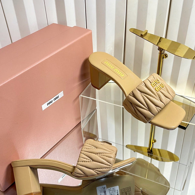 MIUMIU 26S PADDED MATELASSE MULE HEELS 65MM IN BEIGE CALFSKIN GOLD HARDWARE