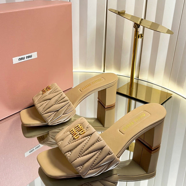 MIUMIU 26S PADDED MATELASSE MULE HEELS 65MM IN BEIGE CALFSKIN GOLD HARDWARE