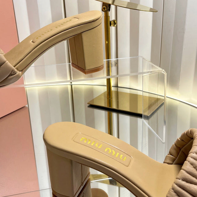 MIUMIU 26S PADDED MATELASSE MULE HEELS 65MM IN BEIGE CALFSKIN GOLD HARDWARE