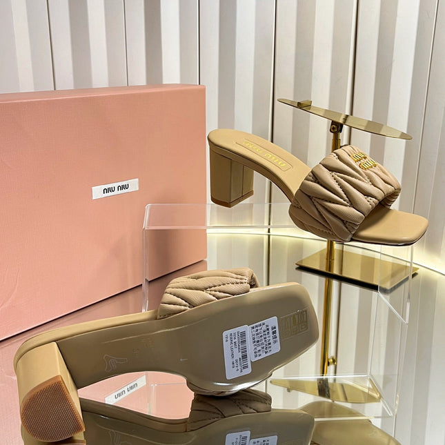 MIUMIU 26S PADDED MATELASSE MULE HEELS 65MM IN BEIGE CALFSKIN GOLD HARDWARE