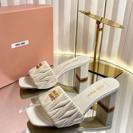 MIUMIU 26S PADDED MATELASSE MULE HEELS 65MM IN LIGHT BEIGE CALFSKIN GOLD HARDWARE
