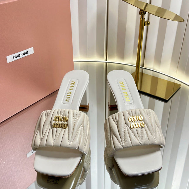 MIUMIU 26S PADDED MATELASSE MULE HEELS 65MM IN LIGHT BEIGE CALFSKIN GOLD HARDWARE