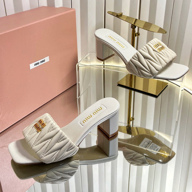 MIUMIU 26S PADDED MATELASSE MULE HEELS 65MM IN LIGHT BEIGE CALFSKIN GOLD HARDWARE