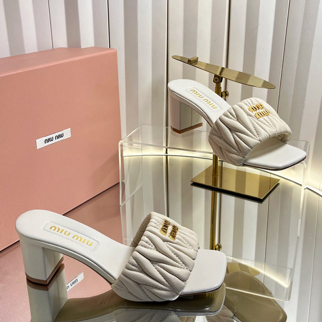 MIUMIU 26S PADDED MATELASSE MULE HEELS 65MM IN LIGHT BEIGE CALFSKIN GOLD HARDWARE