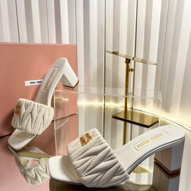 MIUMIU 26S PADDED MATELASSE MULE HEELS 65MM IN LIGHT BEIGE CALFSKIN GOLD HARDWARE