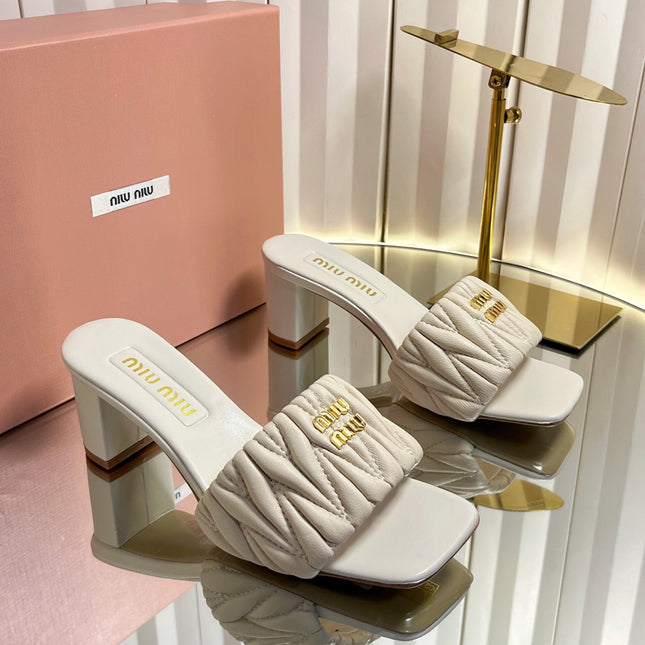 MIUMIU 26S PADDED MATELASSE MULE HEELS 65MM IN LIGHT BEIGE CALFSKIN GOLD HARDWARE