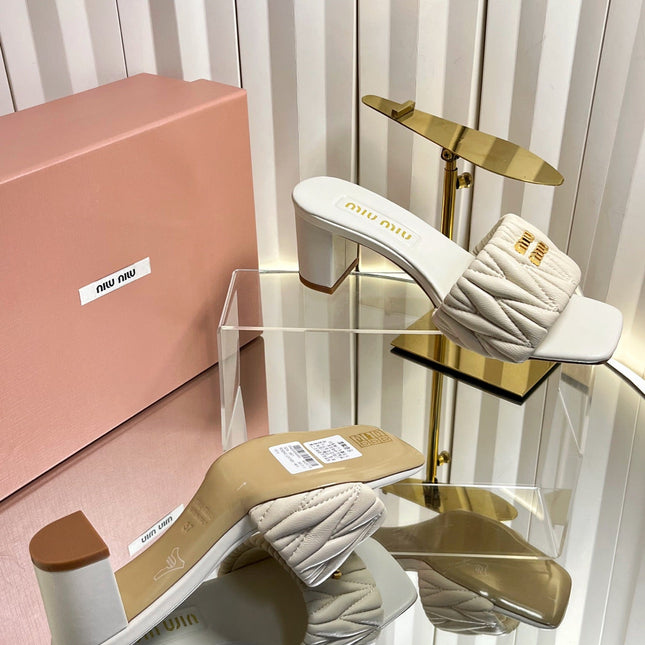 MIUMIU 26S PADDED MATELASSE MULE HEELS 65MM IN LIGHT BEIGE CALFSKIN GOLD HARDWARE