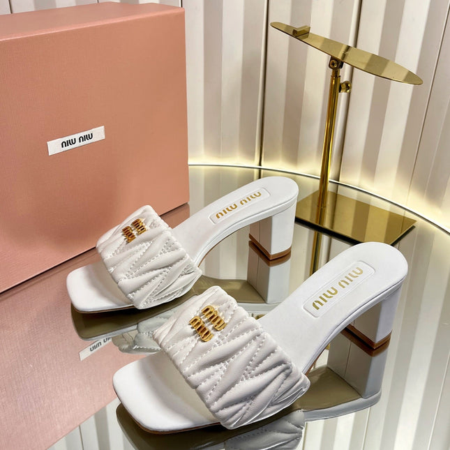 MIUMIU 26S PADDED MATELASSE MULE HEELS 65MM IN WHITE CALFSKIN GOLD HARDWARE