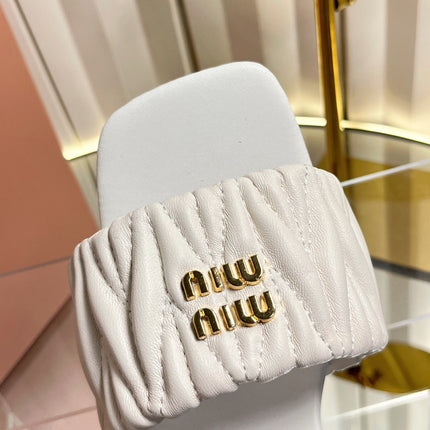 MIUMIU 26S PADDED MATELASSE MULE HEELS 65MM IN WHITE CALFSKIN GOLD HARDWARE