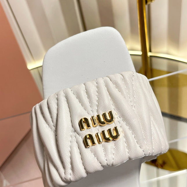 MIUMIU 26S PADDED MATELASSE MULE HEELS 65MM IN WHITE CALFSKIN GOLD HARDWARE