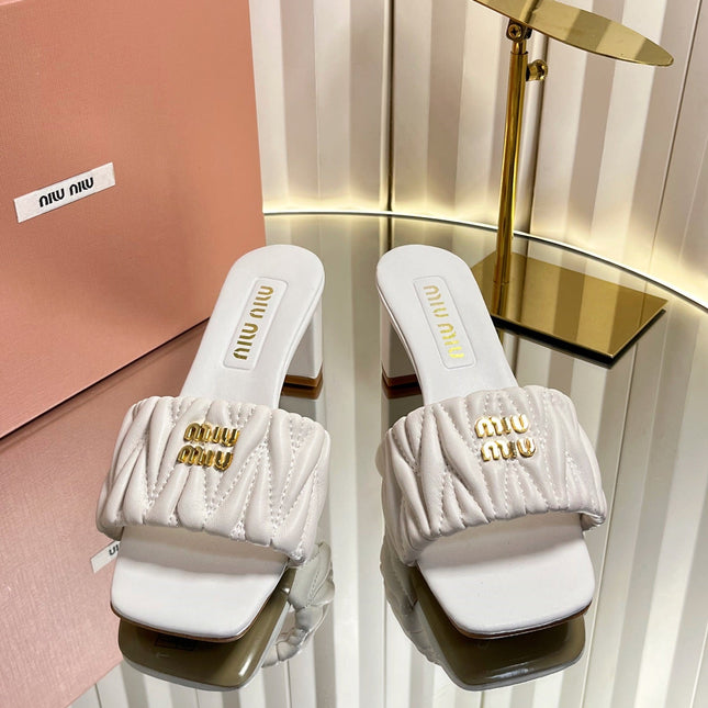 MIUMIU 26S PADDED MATELASSE MULE HEELS 65MM IN WHITE CALFSKIN GOLD HARDWARE