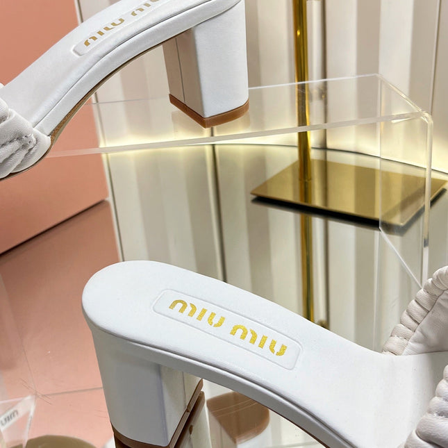 MIUMIU 26S PADDED MATELASSE MULE HEELS 65MM IN WHITE CALFSKIN GOLD HARDWARE