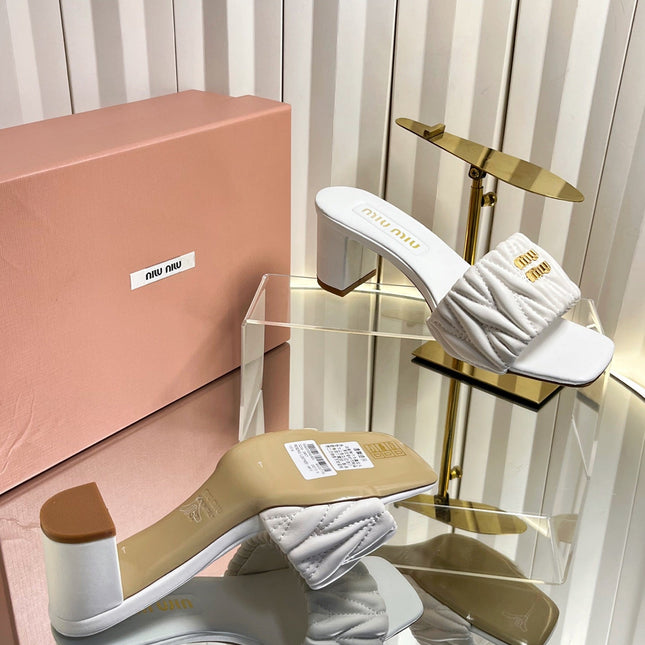 MIUMIU 26S PADDED MATELASSE MULE HEELS 65MM IN WHITE CALFSKIN GOLD HARDWARE