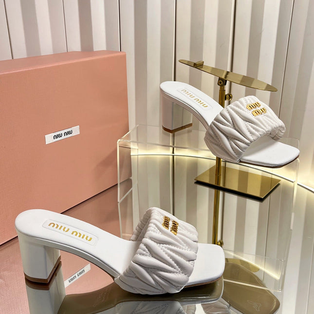 MIUMIU 26S PADDED MATELASSE MULE HEELS 65MM IN WHITE CALFSKIN GOLD HARDWARE