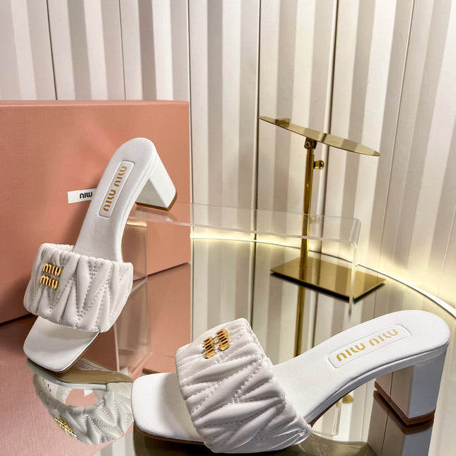 MIUMIU 26S PADDED MATELASSE MULE HEELS 65MM IN WHITE CALFSKIN GOLD HARDWARE