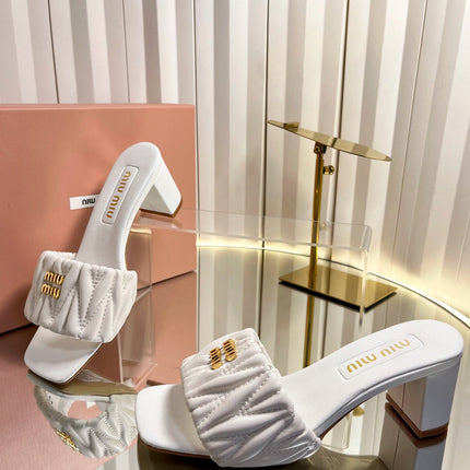 MIUMIU 26S PADDED MATELASSE MULE HEELS 65MM IN WHITE CALFSKIN GOLD HARDWARE