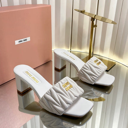 MIUMIU 26S PADDED MATELASSE MULE HEELS 65MM IN WHITE CALFSKIN GOLD HARDWARE