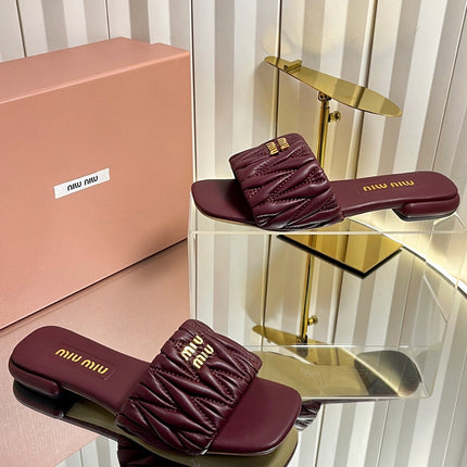 MIUMIU 26S MATELASSE SLIDES IN BURGUNDY RED CALFSKIN GOLD HARDWARE