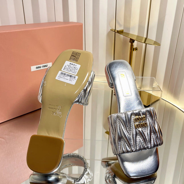 MIUMIU 26S MATELASSE SLIDES IN SILVER CALFSKIN GOLD HARDWARE