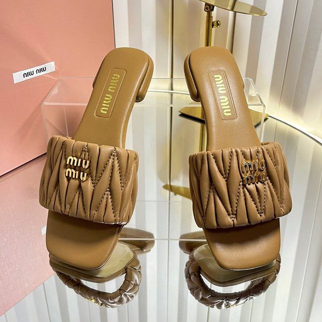 MIUMIU 26S MATELASSE SLIDES IN TAN BROWN CALFSKIN GOLD HARDWARE