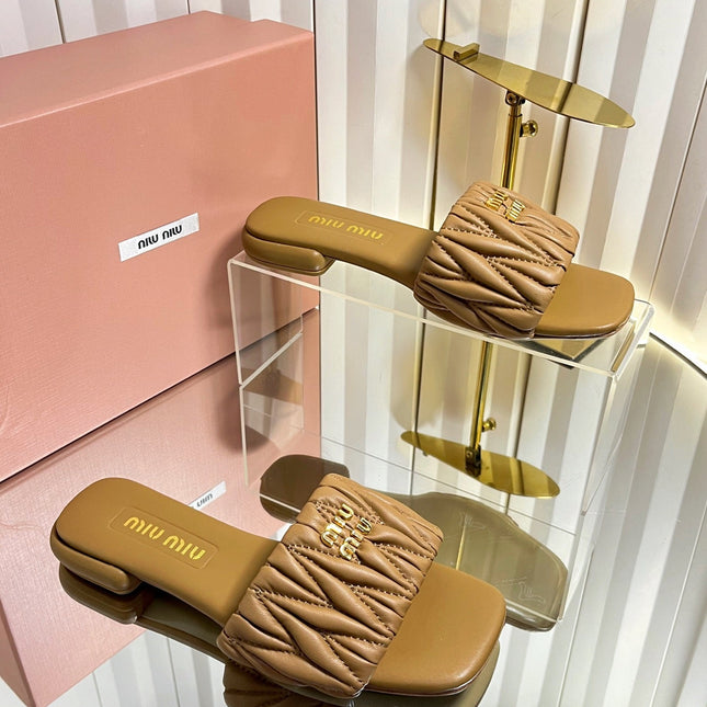 MIUMIU 26S MATELASSE SLIDES IN TAN BROWN CALFSKIN GOLD HARDWARE