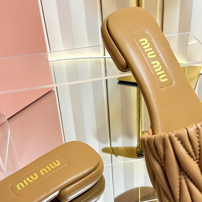 MIUMIU 26S MATELASSE SLIDES IN TAN BROWN CALFSKIN GOLD HARDWARE