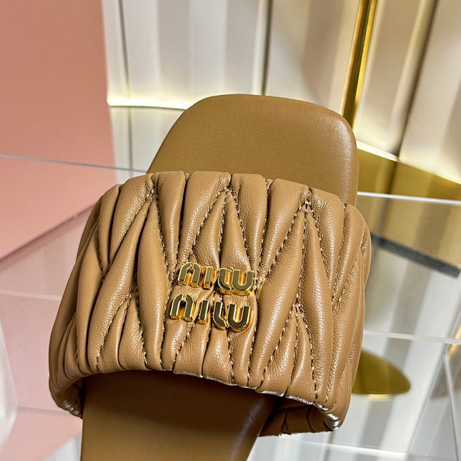MIUMIU 26S MATELASSE SLIDES IN TAN BROWN CALFSKIN GOLD HARDWARE