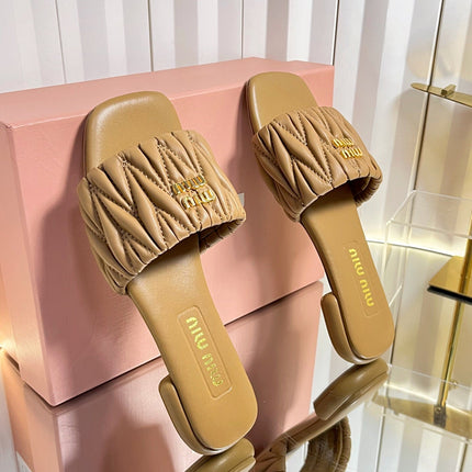 MIUMIU 26S MATELASSE SLIDES IN TAN BROWN CALFSKIN GOLD HARDWARE