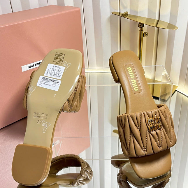 MIUMIU 26S MATELASSE SLIDES IN TAN BROWN CALFSKIN GOLD HARDWARE