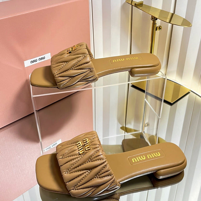 MIUMIU 26S MATELASSE SLIDES IN TAN BROWN CALFSKIN GOLD HARDWARE