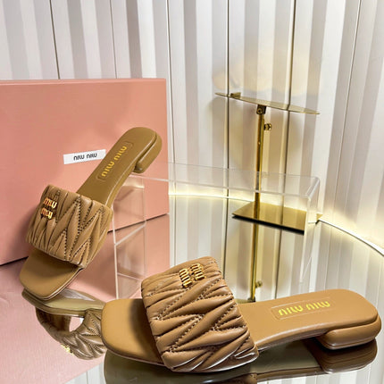 MIUMIU 26S MATELASSE SLIDES IN TAN BROWN CALFSKIN GOLD HARDWARE