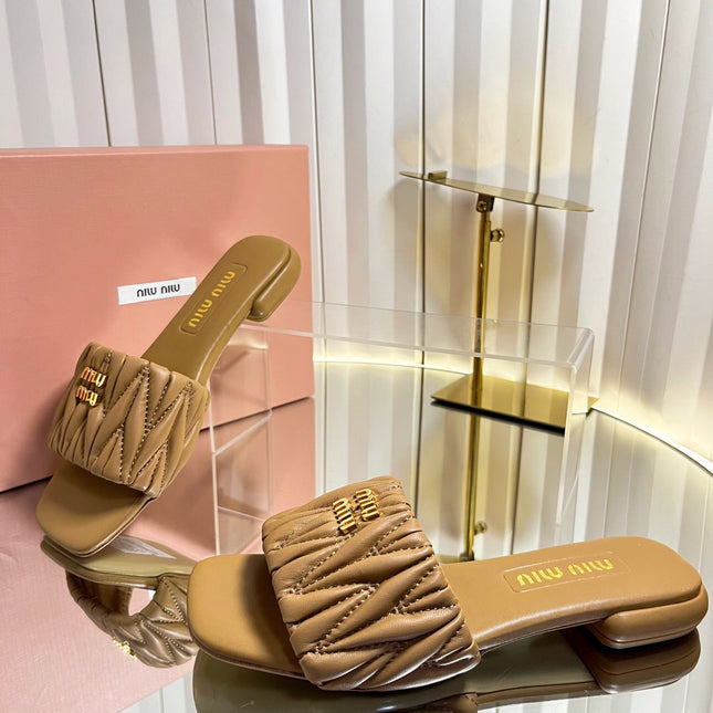 MIUMIU 26S MATELASSE SLIDES IN TAN BROWN CALFSKIN GOLD HARDWARE