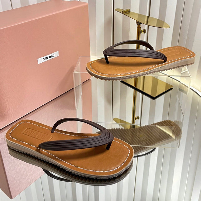 MIUMIU 26S THONG FLAT SANDALS IN DARK BROWN CALFSKIN