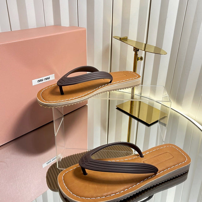MIUMIU 26S THONG FLAT SANDALS IN DARK BROWN CALFSKIN