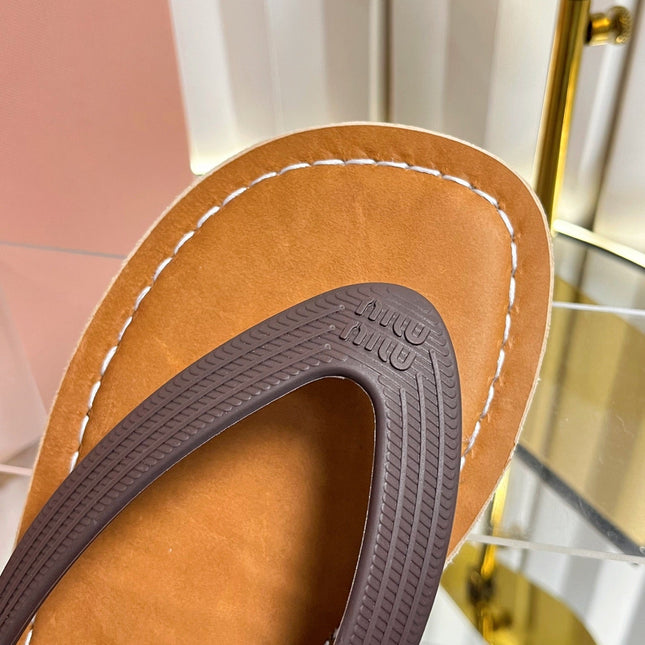 MIUMIU 26S THONG FLAT SANDALS IN DARK BROWN CALFSKIN