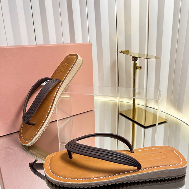MIUMIU 26S THONG FLAT SANDALS IN DARK BROWN CALFSKIN